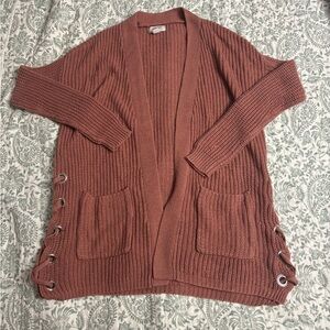 Women's Open-Front Mauve Knit Cardigan with Side Lace-Up Detail